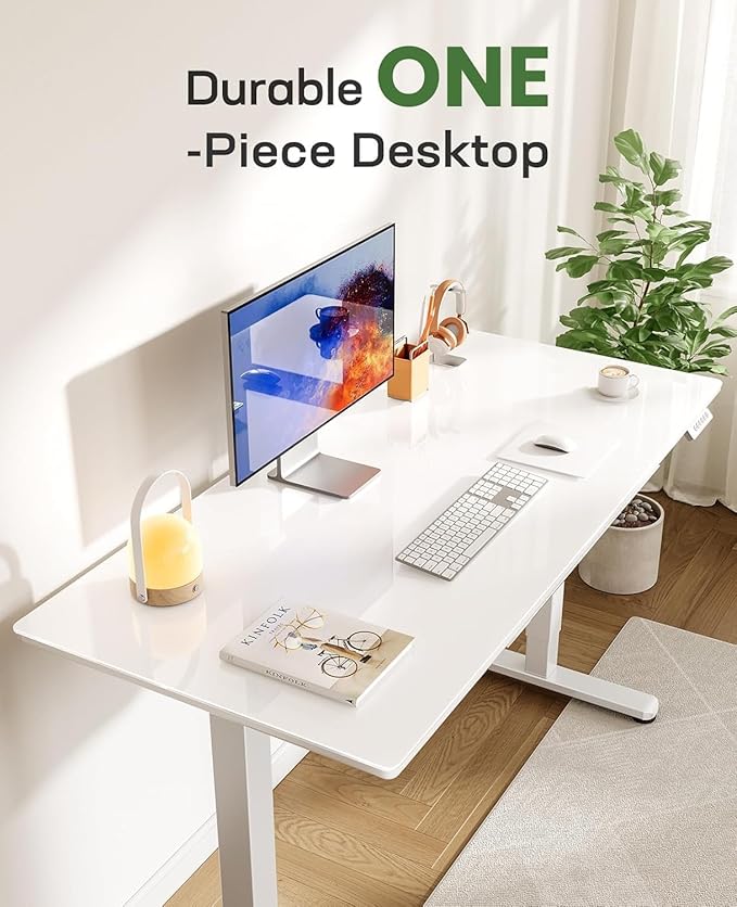 Marsail Glass Standing Desk with Drawer, 48 x 24 Inches Office Desk, Electric Standing Desk with One-Piece Tempered Glass Top, Ergonomic Home Office Sit Stand Desk with 4 Preset Heights, White