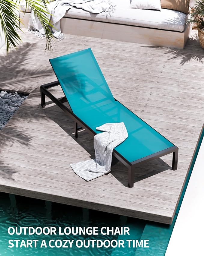 Aluminum Lounge Chairs Outdoor Chaise Furniture,2 Sets Patio Metal Deck Lounger Adjustable 5-Position Poolside Chase Recliner with Wheels for Beach,Coffee Table, (Blue, 2 Chairs)