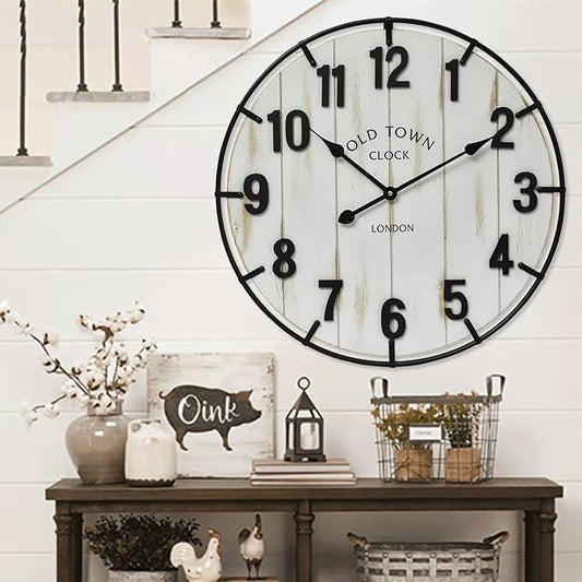 Large Old Town Farmhouse Wall Clock – 24 Inches Rustic Antique Wood with Metal Circle and Large Numerals, Silent Battery Operated Clock for Office, Kitchen, Bedroom, Living Room (Washed White)