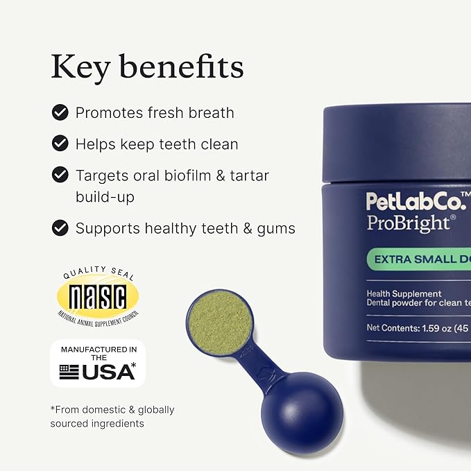 PetLab Co. ProBright Dental Powder - Dog Breath Freshener - Teeth Cleaning Made Easy – Targets Tartar & Bad Breath - Formulated for Extra Small Dogs - Packaging May Vary