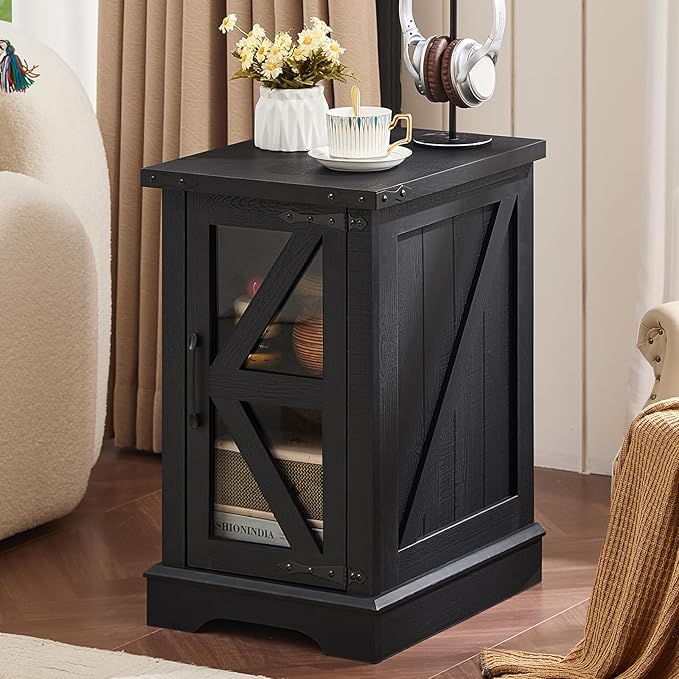 Farmhouse Coffee Table Sets 3 Pieces, Narrow Night Stand with Glass Barn Door Storage, Large Coffee Tables with Hidden Storage Organizer, Wood Furniture Sets for Living Room, Office, Black