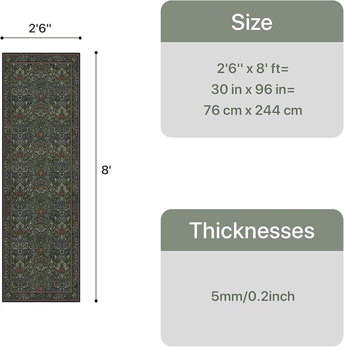 GENIMO Floral Washable Runner Rug 2’6”x8’, Non-Slip Long Hallway Carpet for Entryway, Kitchen, Indoor Floor Use, Vintage Boho Soft Thin Rug Décor, Dark Green