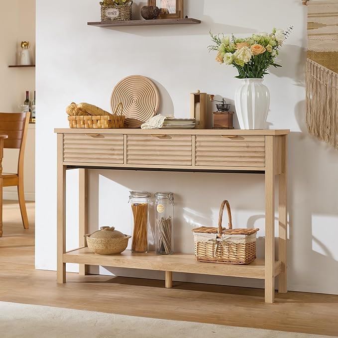 LEYAOYAO Fluted 47.2" Console Table with 3 Drawers, Modern Wood 2 Tier Entryway Table with Open Storage Shelf, Boho Sofa Entry Tables Behind Couch for Living Room, Hallway, Entrance Foyer, Natural Oak