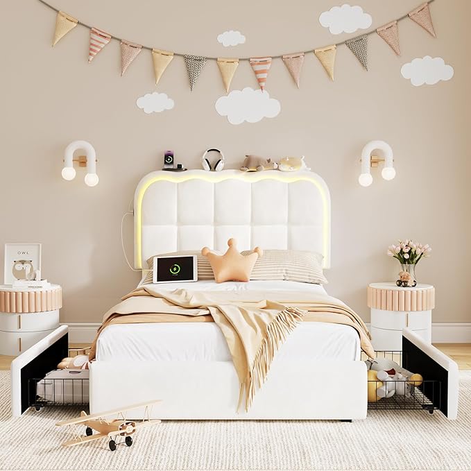 Twin Bed Frame with Storage Drawers and Headborad, Upholstered LED Twin Size Platform Bed Frame for Kids – Sturdy Metal Bed Frame Twin with Wood Slats Support, No Box Spring Needed,White