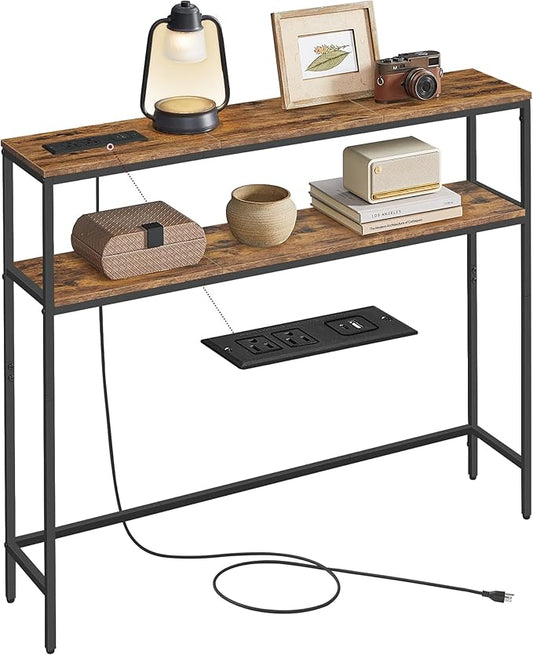 VASAGLE Console Table with Power Outlet, 2-Tier Narrow Sofa Table with 2 Shelves, 7.9 x 39.4 x 31.5 Inches, for Living Room, Hallway, Entryway, Rustic Brown and Ink Black ULNT136K01