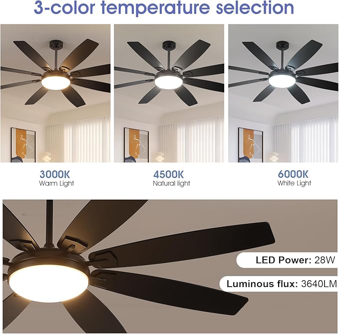 66 Inch Ceiling Fans with Lights and Remote,Black Large Ceiling Fan with Reversible Noiseless DC Motor, 3CCT, 6 Speeds, Modern Ceiling Fans for Living Room Patio Farmhouse
