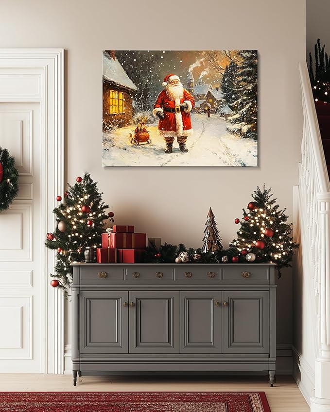 Vintage Santa Claus Christmas Canvas Wall Art - Festive Holiday Painting for Living Room,Bedroom & Bathroom, Cozy Winter Decor Framed Print, Perfect Christmas Gifts & Home Decoration