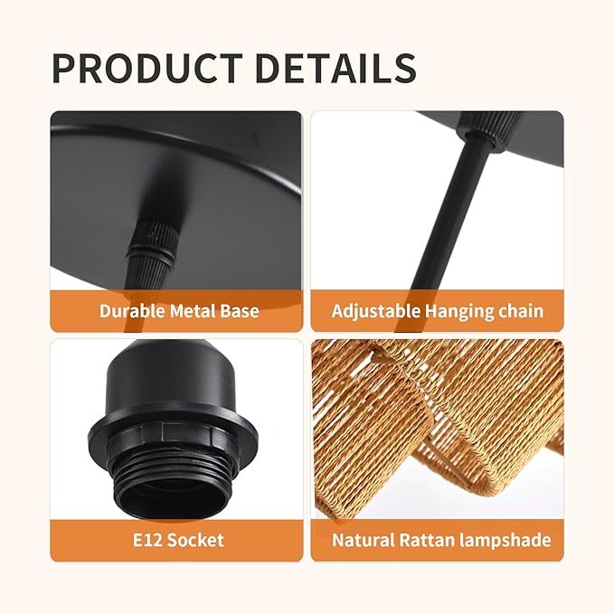 12''Natural rattan chandelier -Small Farmhouse Boho Style with E27 Bulb, 120V pendant light, fandelier, hanging lamp, wicker pendant lamps for Dining Room/Kitchen/Bedroom/Living Room/Island
