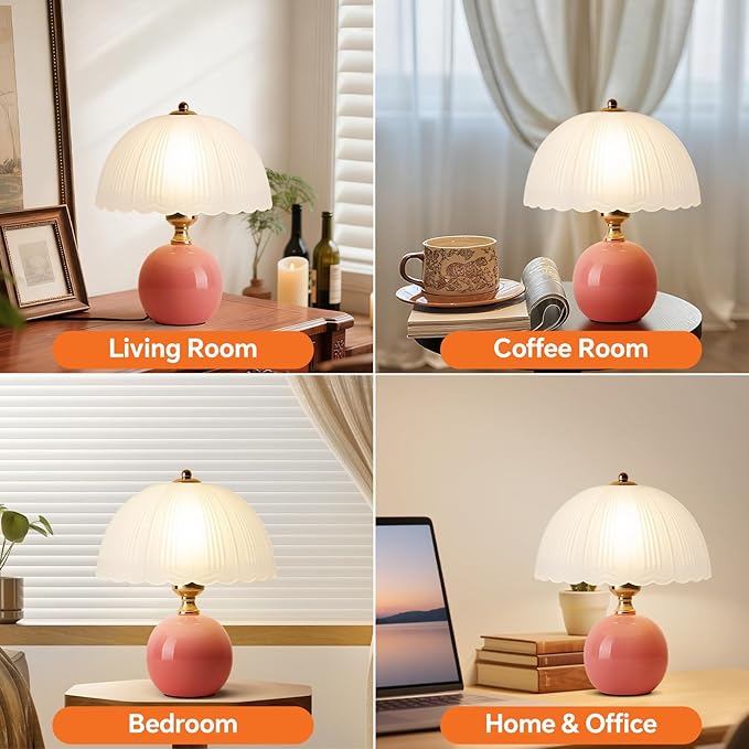Ceramic Table lamp Set of 2, Modern Bedside Lamps Pink Mid Century Vintage Desk Lamp Retro Glass Mushroom Traditional Lamp for Nightstand Living Room Bedroom Home Decor (S05PK-2PACK)
