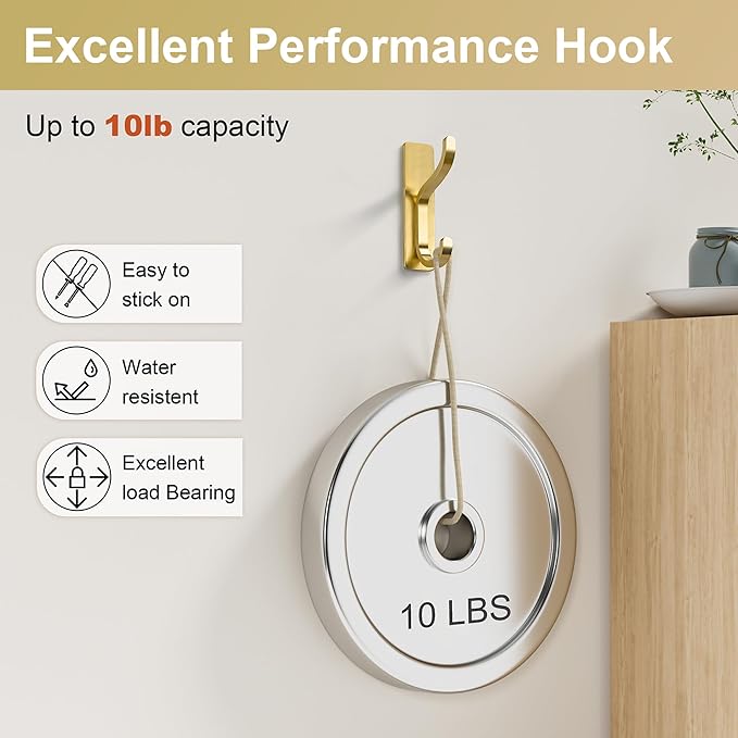 pickpiff 10-Pack Adhesive Wall Coat Hooks - Heavy Duty Stick-On Door Hanger, Metal Hook for Hanging Towel,Purse, Robe, Backpack, Jacket, Clothes - for Bathroom,Dorm, Closet, Kitchen - Brushed Gold