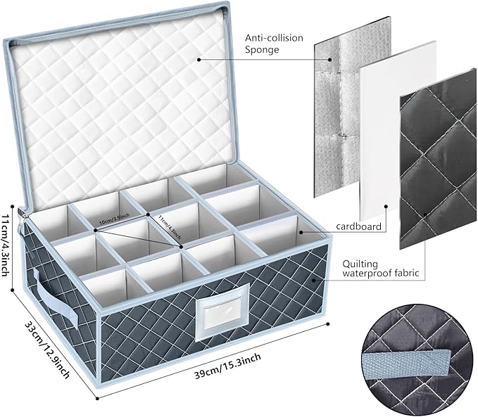Wine Glass and Mug Storage Box with Dividers - 2 Pack China Storage Containers Set Holds 24 Glassware , Stemware，Coffee Mug and Tea Cup, Organizer Bin with Sturdy Metal Zipper,Label and Handles (Grey)