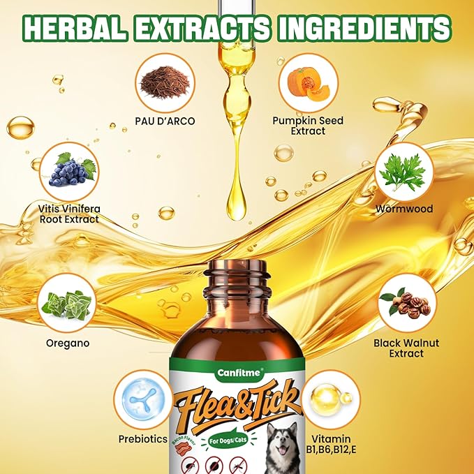 Natural Oral Flea and Tick Support for Dogs and Cats, Herbal Liquid with Multivitamins-All Breeds and Ages-Supports Immunity, Skin & Coat Support-Bacon Flavor