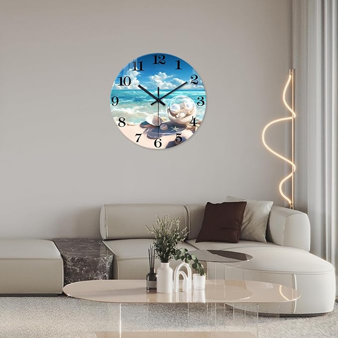 XNM Blue Beach Wall Clock for Office 24 Inch Giant Wall Clock Decorative Round Silent Clock for Wall