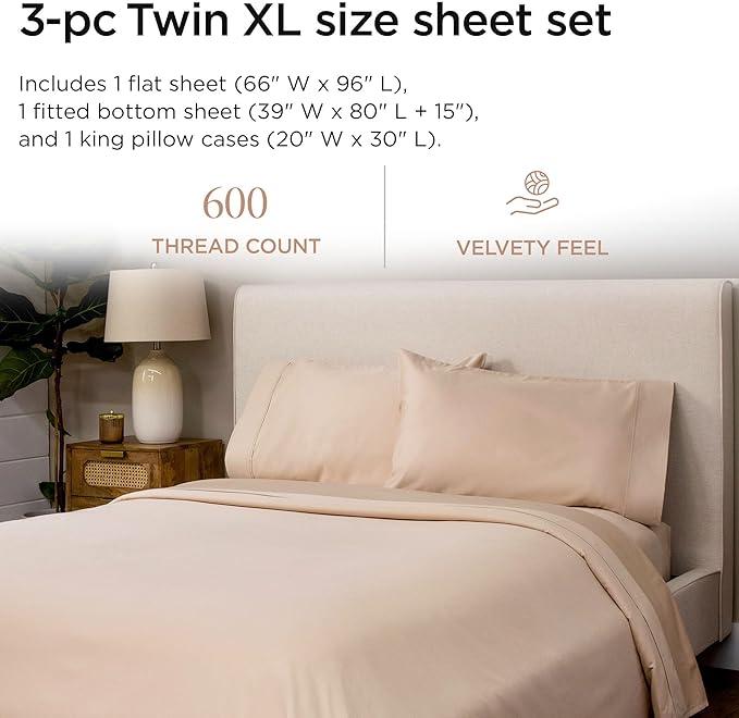 Threadmill 100% Cotton Sheets for Twin XL Size Bed - 600 Thread Count Twin XL Bed Sheets Set with 15” Deep Pocket - Sateen Weave 3-Piece Bedding Set with Cooling Effect, Beige