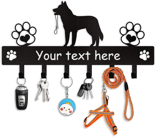 Custom Metal Key Rack Wall Mount with Name, Key Hooks and Dog Leash Holder for Entryway Doorway