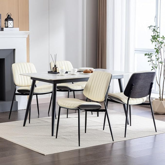 Dining Chairs Set of 8, Mid Century Modern Accent Dining Room and Kitchen Chairs, Upholstered PU Leather Vertical Stripe Chairs for Vanity with Walnut Bentwood and Metal Legs, Beige