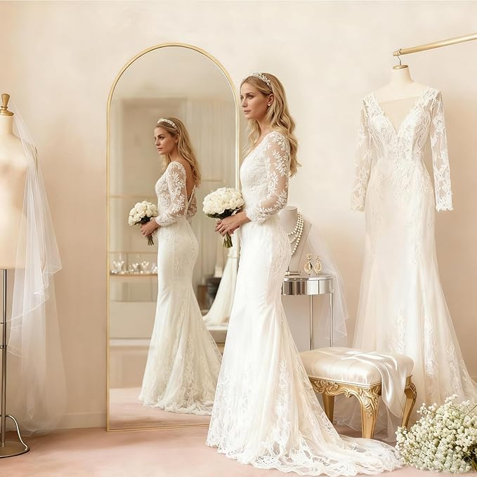 MISSDAY 64"x21" Arched Full Length Mirror, Gold Full Body Mirror with Stand, Floor Mirror Long Free Standing, Leaning or Hanging, Aluminum Thin Frame Wall-Mounted Mirrors Wall Mirrors for Bedroom