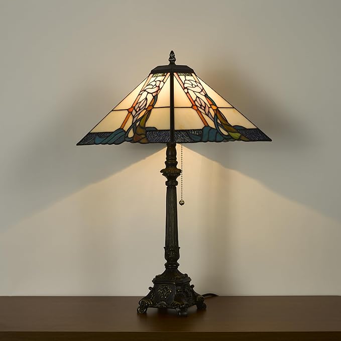 Tiffany Table Lamps Milky White Stained Glass Bugle Flowers Style Mission Desk Lamp 12X12X24 Inch Bronze Resin Base