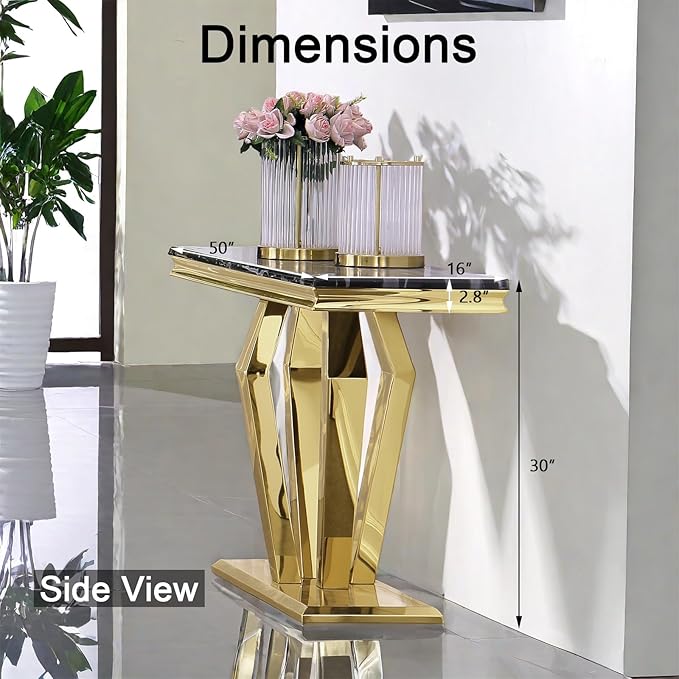 Gold Console Table, Black and Gold Sofa Table, 50 inch Entrance Table with Polished Geometric Base for for Entryway, Living Room, Hallway