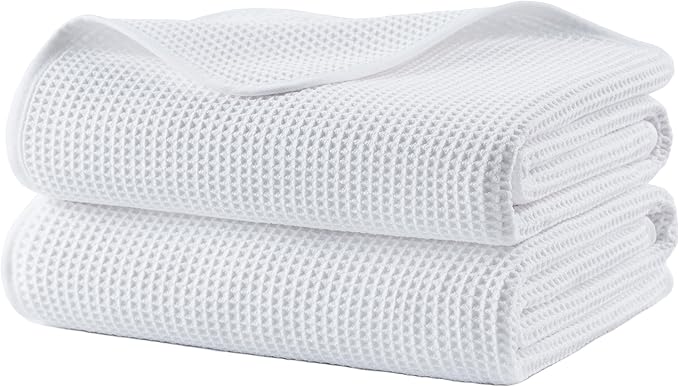 POLYTE 380 GSM Microfiber Oversize Quick Dry Lint Free Waffle Bath Towel for Body, 60 x 30 in, Set of 2