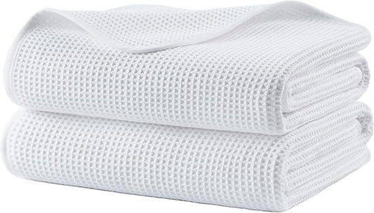 POLYTE 380 GSM Microfiber Oversize Quick Dry Lint Free Waffle Bath Towel for Body, 60 x 30 in, Set of 2