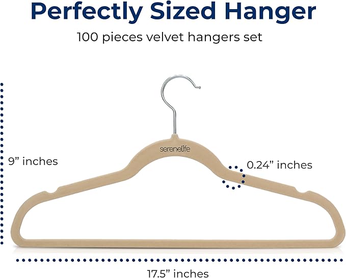 SereneLife 100 Pack Velvet Non-Slip Heavy Duty Adult Hangers – Ultra-Thin Space Saving Clothes Organizer with 360° Swivel Hook for Coats Shirts Dresses Closet Storage – Ivory