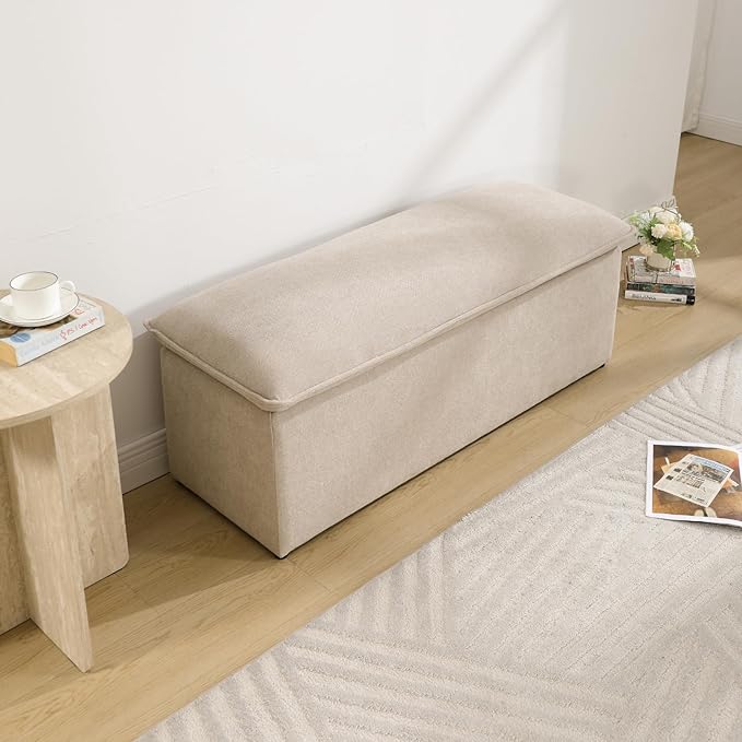 45.5 Inch Storage Ottoman Bench, Modern Upholstered Chenille End of Bed Bench with 2 Safety Hinge, Entryway Bench with Seating for Bedroom Living Room, Oatmeal