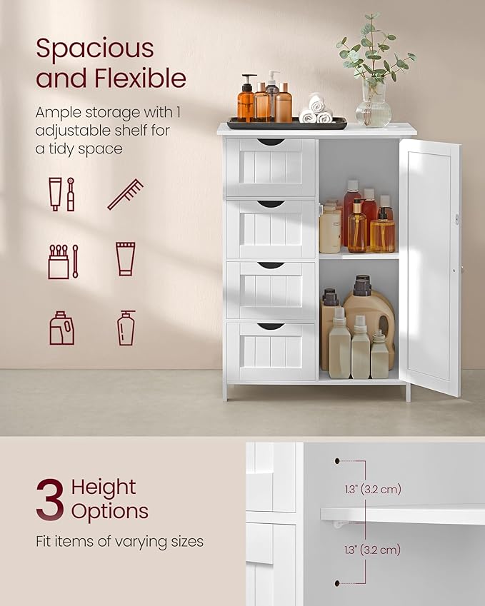 VASAGLE Storage Cabinet with Drawers, Freestanding Floor Cabinet with Door, 11.8 x 21.7 x 32.3 Inches, Adjustable Shelf, for Bathroom, Living Room, Kitchen, Cloud White ULHC041WH01S