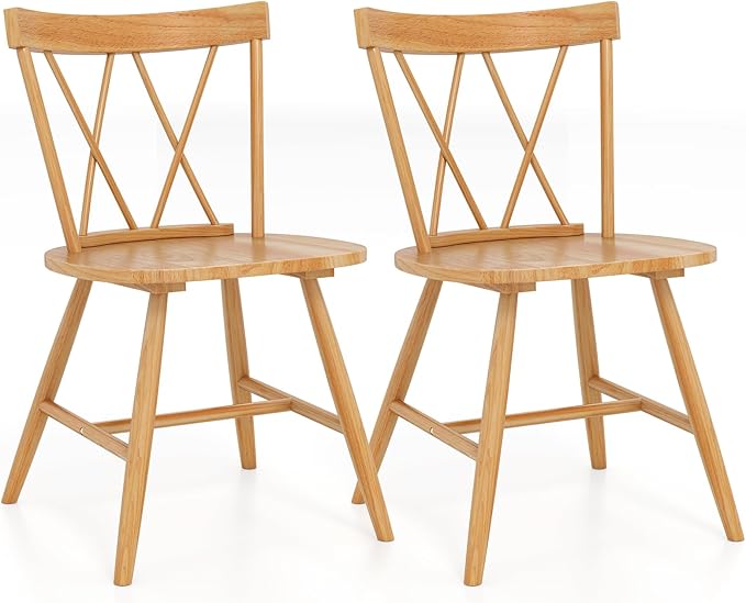 Giantex Windsor Dining Chairs Set of 2, Farmhouse Wooden Kitchen Chairs w/Cross Back, Wide Seat, Rubber Wood Frame, Armless Side Chairs for Kitchen, Dining Room, Living Room, Restaurant, Natural