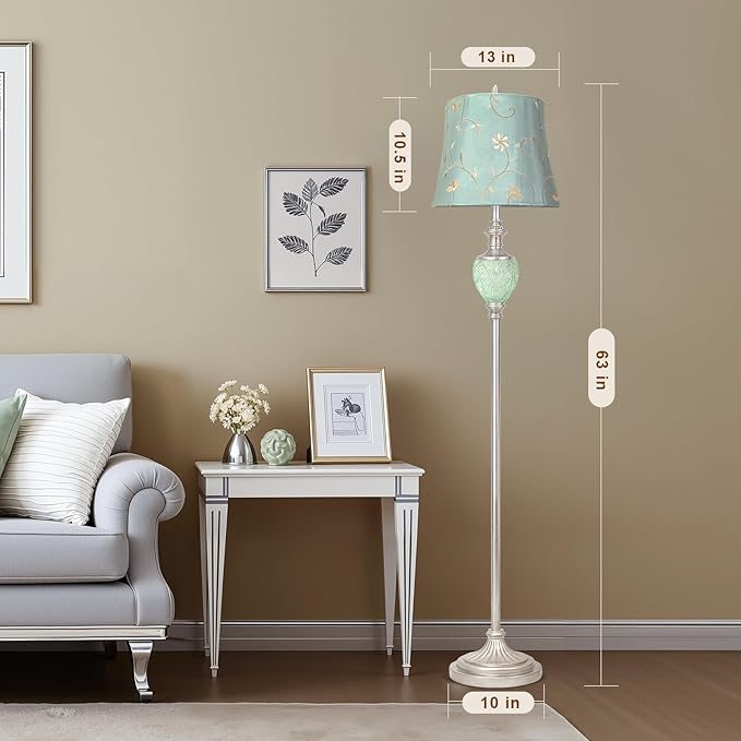 Vintage Floor Lamp for Living Room, 63" Tall Standing Lamp with Nightlight and Embroidered Shade, Farmhouse Floor Lamp with Silver Leaf Finish for Bedroom Corner, LED Bulb Included