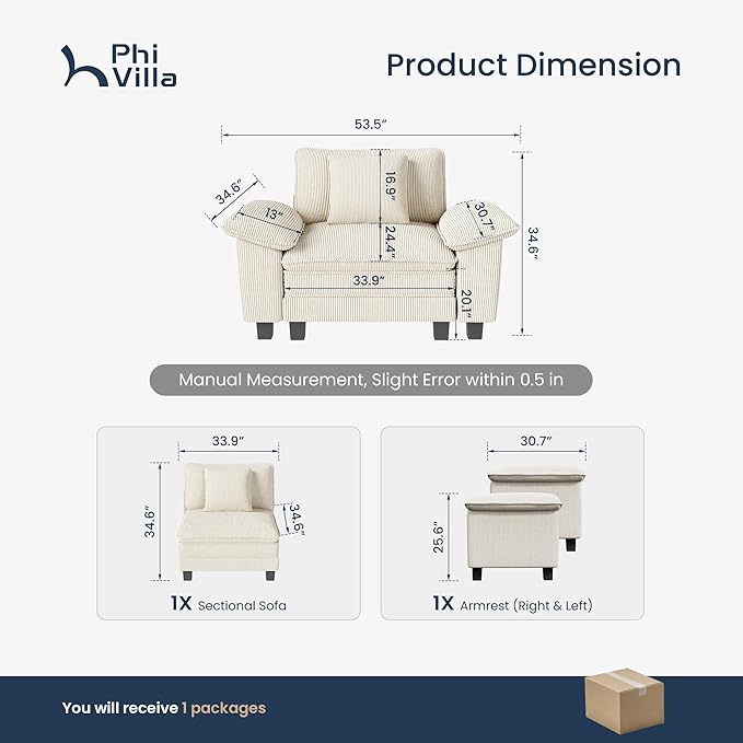PHI VILLA Oversized Single Sofa Chair with Deep Seat, Cloud Upholstered Reading Armchair, 1 Seater Comfy Sofa Chair for Bedroom Nook, Corduroy, Beige