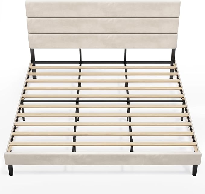 WLIVE King Size Upholstered Bed Frame, Velvet Square Tufted Headboard, Sturdy Metal & Wooden Slats Support, No Box Spring Needed, Beige