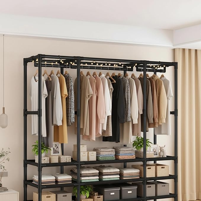 Portable Closet,Portable Closets for Hanging Clothes,Japanese Style Garment Rack Clothing Rack with 4 Drawers,3 Hanging Rods and 6 Storage Shelves,56.2" L x 17.7" W x 65.1" H,Black