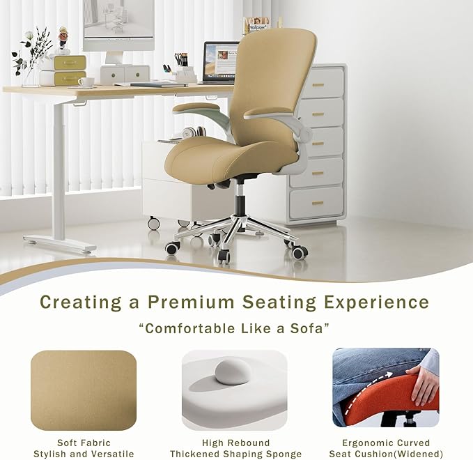Kahki Ergonomic Office Desk Chair, Soft Fabric Thickened Curved seat Cushion with Adjustable Lumbar Support, Perfect Blend of Comfort and Good Looks, Ideal Chair for Home or Office, Khaki