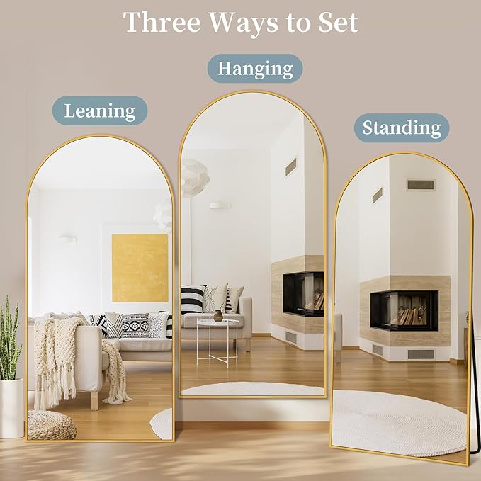 Full Length Mirror, 82"x44" Oversized Floor Mirror with Stand, Hanging or Leaning Full Body Mirrors Mirror for Bedroom, Living Room, Cloakroom, Arch, Gold