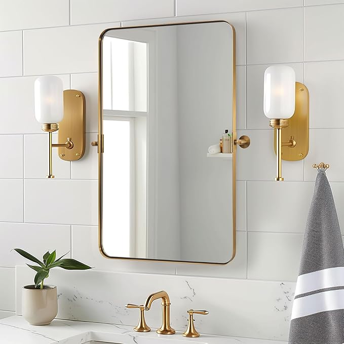 ANDY STAR 20"x30" Brushed Gold Pivot Mirror for Bathroom, Brass Metal Frame Bathroom Mirrors for Wall，Rectangle Titling Vanity Wall Mirror with Rounded Corner Design Hangs Vertically Only