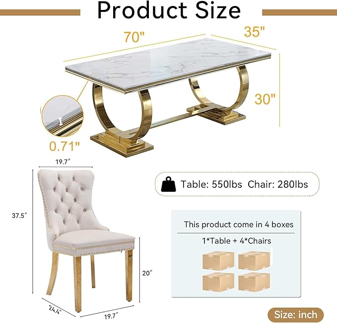 5 Piece Marble Dining Table Set for 4, Luxury White Marble Gold Kitchen Table with 4 Beige Velvet Upholstered Chairs, Modern 4 Person Dining Room Table Set for Kicken Dining Office Room