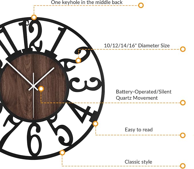 LEIKE 10in Arabic Numeral Wall Clock Battery Operated Black, Silent Non Ticking, Wall Clocks for Living Room Decor, Small Classic for School, Office, Home, Kitchen, Bedroom