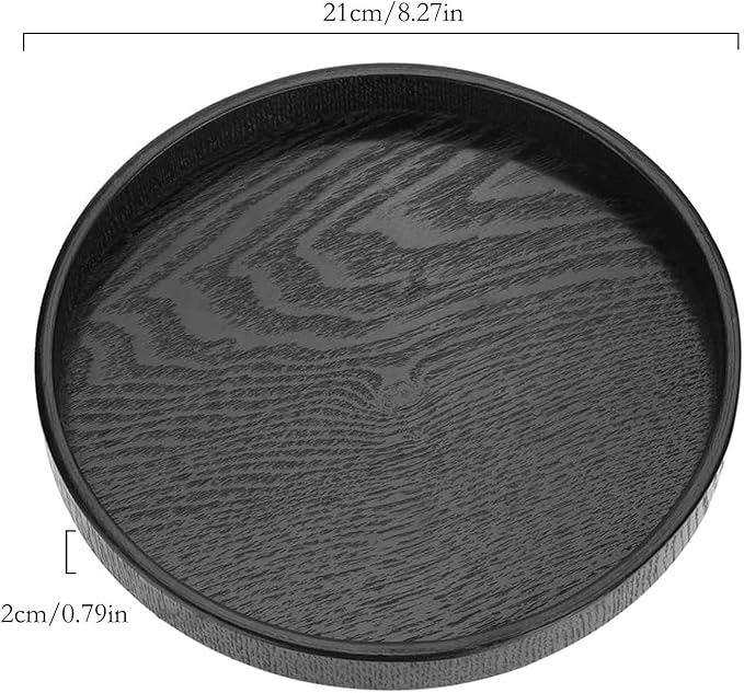 Round Wood Serving Tray, Solid Wooden Decorative Tray Non-Slip Tea Coffee Table Tray Snack Plate Food Meals Serving Tray with Raised Edges for Home Decor Kitchen Restaurant (8.2inch, Black)