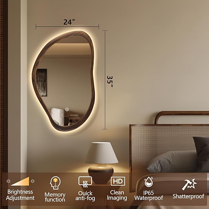 Wood Framed Led Mirror for Bathroom, 35"x24" Irregular Vanity Mirror with Lights, Anti-Fog Backlit Mirror with 3 Colors Dimmable, Memory Function, CRI95+, Horizontal/Vertical, Walnut