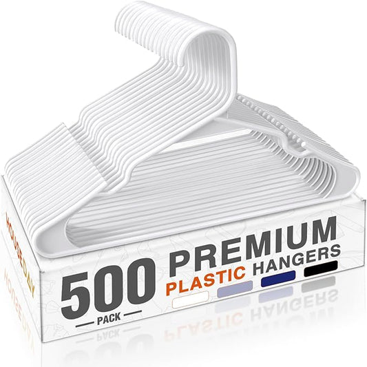 HOUSE DAY 500 Pack Plastic Clothes Hangers, Commercial Bulk Shipment for Business, Sturdy Durable Notched Hangers Ideal for Retail Dry Cleaners Warehouses, Save Cost & Warehouse Space - White