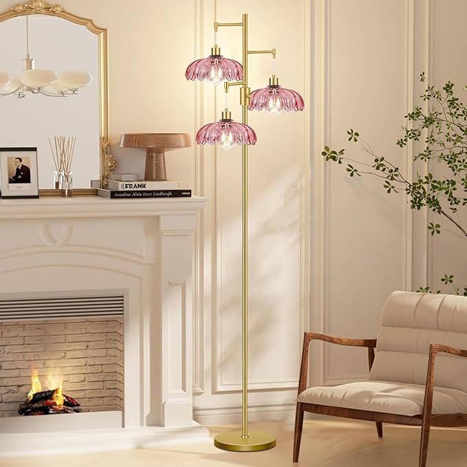 Vintage Floor Lamps for Living Room-3 Light Gold Dimmable Floor Lamp with Three Bulbs & Glass Lampshape, Mid Century Modern Standing Lamp Tree Tall Flower Floor Lamp for Bedroom Living Room,Corner