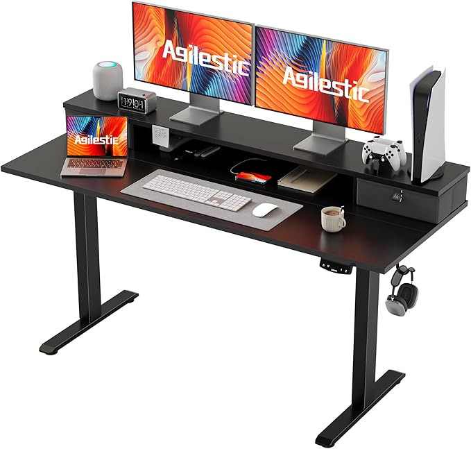 Agilestic 55 x 24 Inches Electric Standing Desk with 2 Storage Drawers, Stand Up Desk Adjustable Height, Sit and Stand Computer Table with Splice Board, Black