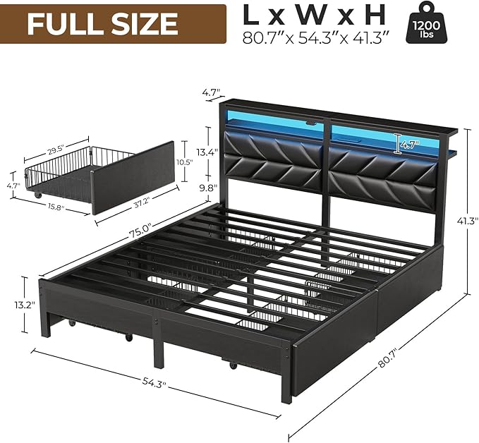 Seventable Full Size Bed Frame with 4 Storage Drawers, Charging Station & LED Lights, Upholstered Headboard with 2-Tier Shelves, Metal Platform Bed, No Box Spring Needed, Noise-Free, Black