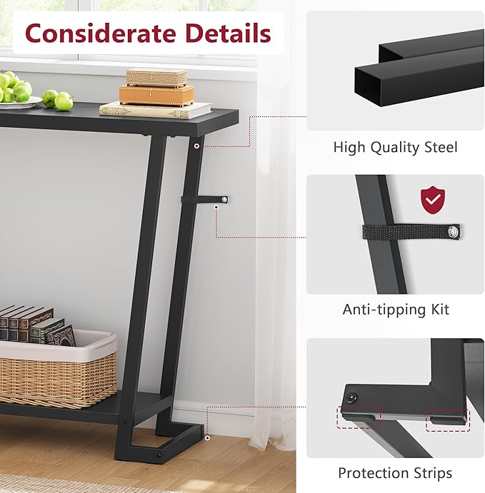 Tajsoon Console Table 31.5" Rustic, 2 Tier Industrial Entryway Table with Storage Shelf, Narrow Sofa Table with Geometric Frame, Small Hallway Table for Living Room, Foyer, Entrace, Black