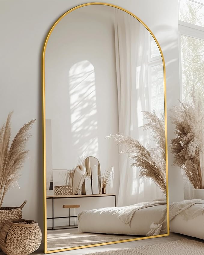 Full Length Mirror, 90"x46" Oversized Floor Mirror with Stand, Hanging or Leaning Full Body Mirrors Mirror for Bedroom, Living Room, Cloakroom, Arch, Gold