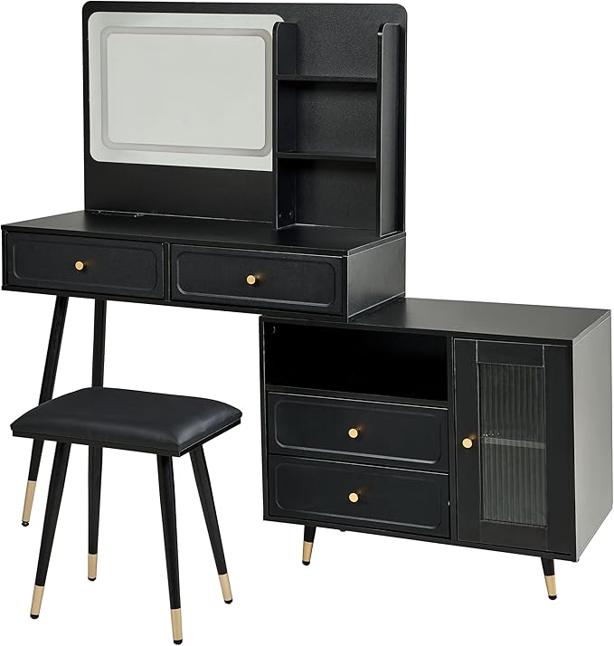 Merax 58" Large Vanity Desk with Mirror and Lights, Modern Black Makeup Vanity Set with Stool and Power Outlet, Retractable Dressing Table with Drawers and Side Cabinet for Bedroom, 3 Color Mode