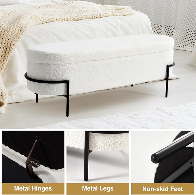 Sherpa Storage Ottoman Bench for Bedroom, White End of Bed Bench with Storage, Upholstered Boucle Storage Bench with Metal Stand and Hinges, Oval Ottoman for Living Room, 45 Inch