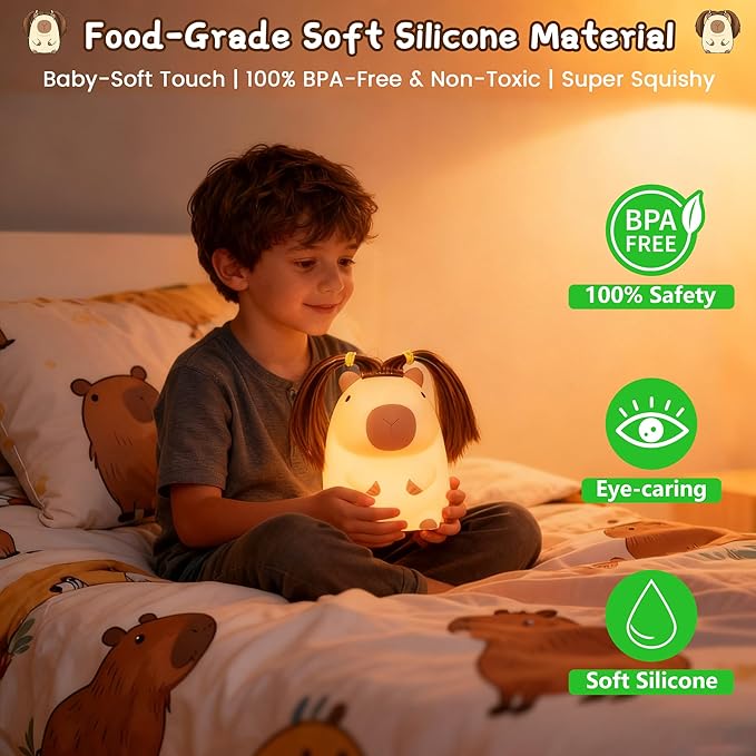 Cute Capybara Night Light with DIY Hairstyle ,Squishy Silicone Lamp, Nursery Nightlight for Kids, Rechargeable Touch Bedside Lamp, Bedroom Decor, Baby Boys Girls,White Elephant Gifts,Funny Xmas Gifts