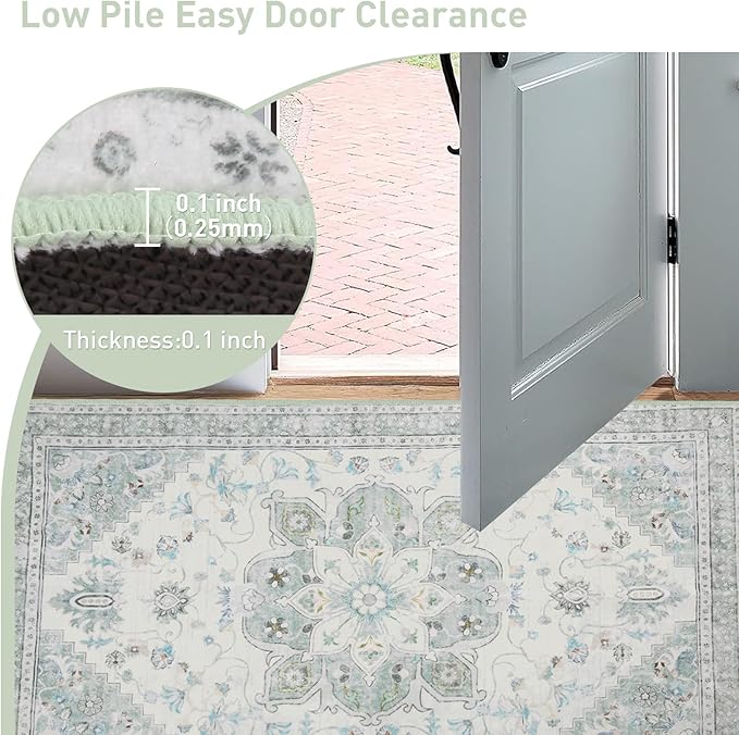 5x7 Soft Washable Area Rugs for Living Room and Bedroom, Non-Slip Stain Resistant Indoor Carpet, Cozy Floor Mat for Dining Room, Office, Under TableStain Resistant Green Floral